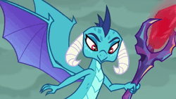 Size: 1200x676 | Tagged: safe, derpibooru import, screencap, princess ember, dragon, gauntlet of fire, animated, bloodstone scepter, cute, dragoness, emberbetes, eyes closed, female, flying, gif, image, laughing, open mouth, solo