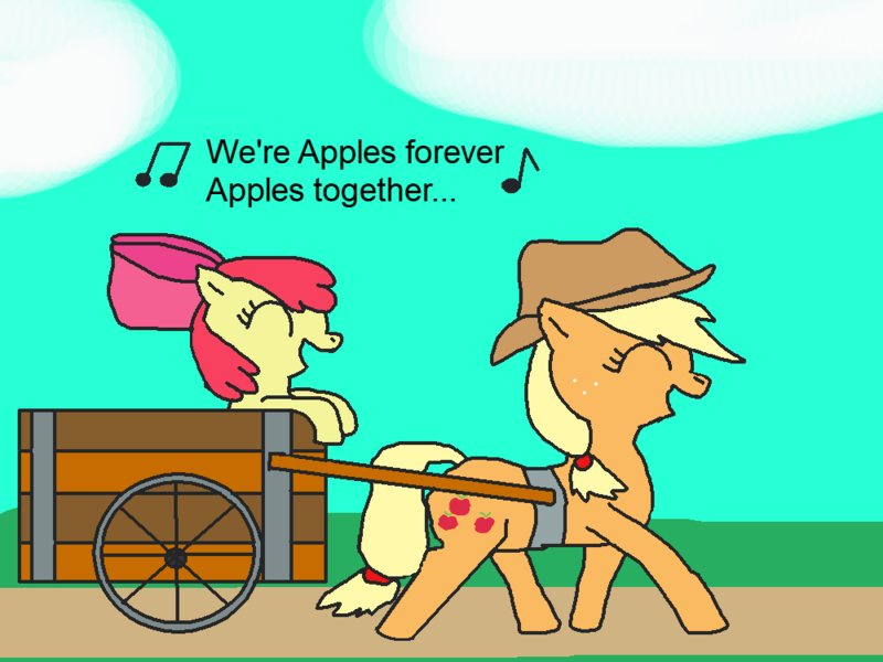 Size: 1000x750 | Tagged: safe, artist:blazewing, derpibooru import, apple bloom, applejack, earth pony, pony, pinkie apple pie, apple bloom's bow, applejack's hat, apples to the core, atg 2021, bow, cloud, cowboy hat, dirt road, drawpile, eyes closed, female, grass, hair bow, happy, hat, image, music notes, newbie artist training grounds, png, siblings, singing, sisters, sky, smiling, text, wagon