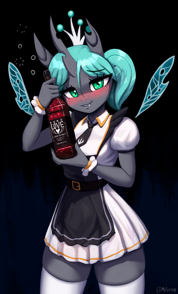Size: 1500x2469 | Tagged: suggestive, artist:mrscroup, derpibooru import, queen chrysalis, anthro, changeling, changeling queen, adorasexy, alcohol, bedroom eyes, blushing, breasts, clothes, cute, cute little fangs, cutealis, dress, drunk, drunk bubbles, fangs, female, floating wings, image, jpeg, lips, looking at you, maid, miniskirt, necktie, ponytail, sexy, simple background, skindentation, skirt, smiling, snaggletooth, socks, solo, solo female, thigh highs, wings, zettai ryouiki