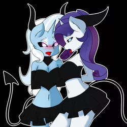 Size: 4000x4000 | Tagged: suggestive, artist:caoscore, derpibooru import, rarity, trixie, anthro, demon, black sclera, demon horns, demon tail, drool, drool string, female, image, lesbian, png, rarixie, shipping, tongue out