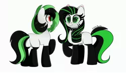 Size: 4096x2370 | Tagged: safe, artist:kittyrosie, derpibooru import, oc, unofficial characters only, earth pony, black socks, cat ears, cat nose, cat stripes, clothes, commission, cute, duo, earth pony oc, green eyes, image, jpeg, ocbetes, raised hoof, red eyes, socks, stripes