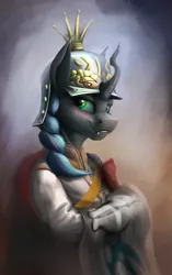 Size: 1605x2550 | Tagged: safe, artist:richmay, derpibooru import, queen chrysalis, changeling, changeling queen, equestria at war mod, alternate hairstyle, bust, clothes, female, flag, helmet, image, jpeg, military, military uniform, portrait, solo, uniform