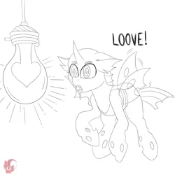 Size: 1280x1280 | Tagged: safe, artist:joaothejohn, derpibooru import, changeling, pony, flying, funny, image, jpeg, lightbulb, monochrome, solo