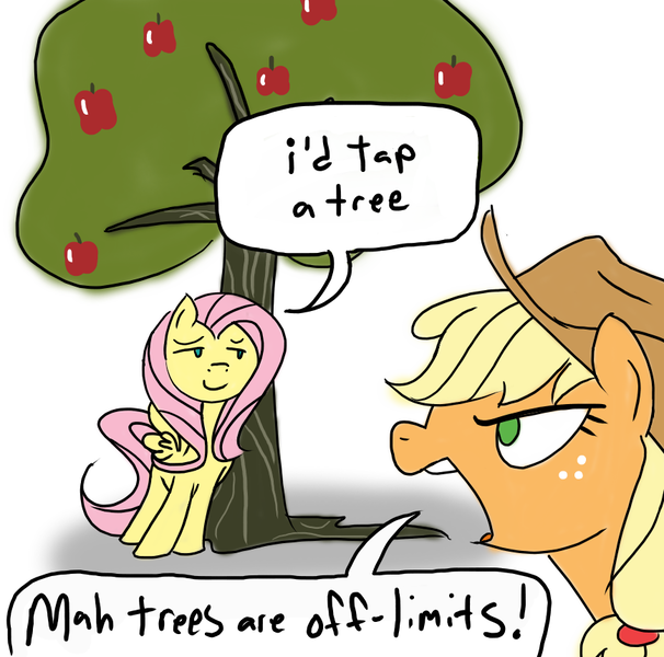 Size: 869x860 | Tagged: safe, artist:grilledcat, derpibooru import, applejack, fluttershy, angry, apple, applejack's hat, apple tree, cowboy hat, duo, food, hat, image, implied dendrophilia, png, smug, tree