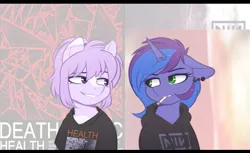 Size: 1697x1037 | Tagged: safe, artist:higgly-chan, derpibooru import, oc, oc:blue monday, oc:mio, unofficial characters only, earth pony, pony, unicorn, cigarette, clothes, death magic, duo, female, health, hoodie, horn, image, nine inch nails, png, shirt, the fragile, unicorn oc