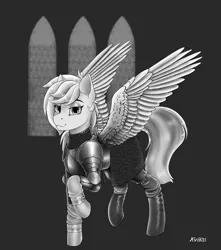 Size: 2921x3308 | Tagged: safe, artist:kviksi, derpibooru import, rainbow dash, pegasus, pony, armor, female, image, knight, looking at you, military, monochrome, png, simple background, solo