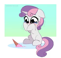 Size: 2150x2076 | Tagged: safe, artist:syrupyyy, derpibooru import, sweetie belle, pony, unicorn, blushing, crying, cute, diasweetes, dropped ice cream, female, filly, floppy ears, food, high res, ice cream, ice cream cone, image, missing cutie mark, png, sad, sadorable, solo