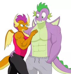 Size: 1676x1747 | Tagged: safe, artist:matchstickman, derpibooru import, smolder, spike, anthro, dragon, abs, biceps, clothes, deltoids, dragoness, duo, female, hand on chest, image, looking at each other, male, muscles, pants, partial nudity, pecs, png, shipping, shirt, simple background, sleeveless, sleeveless shirt, spolder, straight, swolder, topless, white background, winged spike