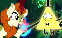 Size: 780x480 | Tagged: safe, derpibooru import, autumn blaze, bill cipher, deal with the devil, female, image, male, one eyed, one eye open, png, this will end in possession, this will not end well