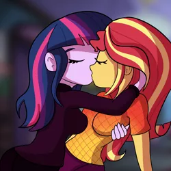 Size: 3000x3000 | Tagged: safe, artist:tjpones, derpibooru import, sci-twi, sunset shimmer, twilight sparkle, equestria girls, breasts, busty sunset shimmer, busty twilight sparkle, eyes closed, female, high res, hug, image, kissing, lesbian, missing accessory, no glasses, png, scitwishimmer, shipping, sunsetsparkle