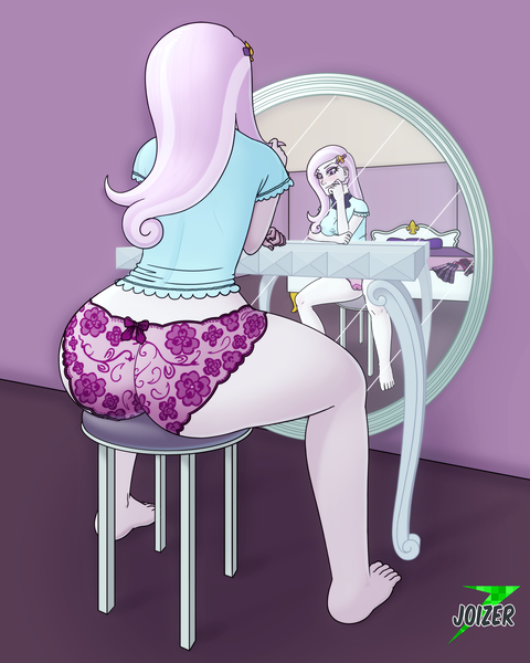 Size: 2668x3335 | Tagged: questionable, artist:joizer, derpibooru import, fleur-de-lis, equestria girls, ass, bed, blouse, blushing, bow underwear, bowtie, breasts, busty fleur-de-lis, butt, cameltoe, cankles, clothes, commission, commissioner:branagain, feet, female, fleur-de-rriere, frilly underwear, from behind, hairclip, image, lace, lingerie, looking at self, mirror, miss fleur is trying to seduce us, nipples, nudity, panties, png, purple underwear, reflection, room, school uniform, see-through, shirt, sitting, skirt, solo, solo female, spread legs, spreading, stupid sexy fleur-de-lis, table, undershirt, underwear, undressed, vanity