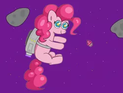 Size: 1280x960 | Tagged: safe, artist:limitmj, derpibooru import, pinkie pie, earth pony, pony, atg 2021, backpack, cupcake, cute, female, floating, food, image, jpeg, mare, newbie artist training grounds, solo, space