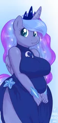 Size: 524x1100 | Tagged: suggestive, artist:onnanoko, derpibooru import, edit, princess luna, anthro, bbw, belly, breasts, breast squish, busty princess luna, chubby, clothes, curvy, dress, fat, female, image, jewelry, png, solo, solo female