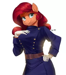 Size: 3182x3592 | Tagged: safe, artist:cadillacdynamite, derpibooru import, oc, oc:cinnarose, anthro, earth pony, pony, belt, clothes, gloves, image, jpeg, simple background, solo, uniform, white background