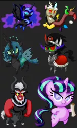 Size: 720x1195 | Tagged: safe, derpibooru import, discord, king sombra, nightmare moon, queen chrysalis, starlight glimmer, alicorn, centaur, changeling, changeling queen, draconequus, pony, unicorn, angry, bipedal, black background, chibi, cute, discute, female, image, male, mare, png, s5 starlight, scroll, simple background, sombra eyes, stallion, transparent background