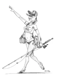 Size: 1000x1304 | Tagged: safe, artist:baron engel, derpibooru import, hayseed turnip truck, anthro, unguligrade anthro, belly button, breasts, busty hayseed turnip truck, clothes, cooler, fishing rod, image, jpeg, monochrome, patreon, patreon reward, pencil drawing, rule 63, shirt, simple background, swimsuit, traditional art, t-shirt, waving, white background