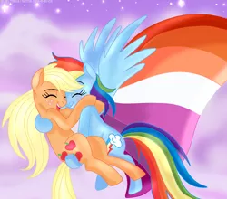 Size: 1280x1125 | Tagged: safe, artist:tiger-of-my-eye, derpibooru import, applejack, rainbow dash, earth pony, pegasus, pony, appledash, blushing, cloud, female, flag, flying, image, lesbian, lesbian pride flag, png, pride, pride flag, pride month, shipping, smiling