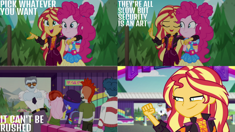 Size: 1280x720 | Tagged: safe, derpibooru import, edit, edited screencap, editor:quoterific, screencap, curly winds, pinkie pie, some blue guy, sunset shimmer, equestria girls, equestria girls series, sunset's backstage pass!, spoiler:eqg series (season 2), clothes, cute, cutie mark, cutie mark on clothes, diapinkes, eyes closed, female, geode of empathy, geode of sugar bombs, image, magical geodes, male, music festival outfit, open mouth, png, shimmerbetes, smiling