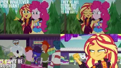 Size: 1280x720 | Tagged: safe, derpibooru import, edit, edited screencap, editor:quoterific, screencap, curly winds, pinkie pie, some blue guy, sunset shimmer, equestria girls, equestria girls series, sunset's backstage pass!, spoiler:eqg series (season 2), clothes, cute, cutie mark, cutie mark on clothes, diapinkes, eyes closed, female, geode of empathy, geode of sugar bombs, image, magical geodes, male, music festival outfit, open mouth, png, shimmerbetes, smiling
