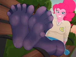 Size: 4000x3000 | Tagged: suggestive, artist:a_friendly_guest, derpibooru import, pinkie pie, equestria girls, canterlot high, clothes, feet, female, fetish, foot fetish, grin, image, looking at you, nylon tights, pantyhose, piercing, png, school uniform, see-through, skirt, smiling, solo, solo female, toes