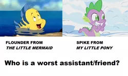 Size: 1244x740 | Tagged: safe, derpibooru import, edit, edited screencap, screencap, spike, winter wrap up, flounder, image, op is a duck, op is trying to start shit, png, solo, the little mermaid