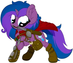 Size: 3846x3360 | Tagged: safe, artist:beigedraws, derpibooru import, oc, oc:stellar trace, unicorn, armor, cape, clothes, image, png, simple background, solo, sword, transparent background, weapon
