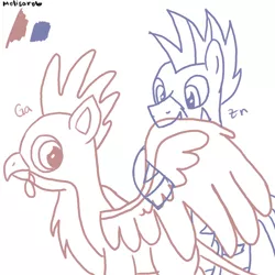 Size: 1500x1500 | Tagged: safe, artist:melisareb, derpibooru import, oc, oc:gavin gallium, oc:zee zinc, unofficial characters only, gryphon, pony, zebra, 1000 hours in ms paint, assisted preening, bipedal, duo, gallium, griffon oc, grooming, image, male, periodic table, png, preening, simple background, stallion, white background, wings, wip, zebra oc, zinc