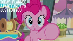 Size: 1280x720 | Tagged: safe, derpibooru import, edit, edited screencap, editor:quoterific, screencap, pinkie pie, earth pony, pony, pinkie pride, season 4, :o, cute, diapinkes, female, image, jpeg, mare, open mouth, pointing, solo