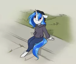 Size: 995x841 | Tagged: safe, artist:sinrar, derpibooru import, vinyl scratch, anthro, unguligrade anthro, clothes, female, hat, hoodie, image, missing accessory, pants, png, purple eyes, solo, solo female