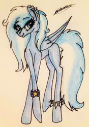 Size: 1312x1875 | Tagged: safe, artist:beamybutt, derpibooru import, oc, unofficial characters only, pegasus, pony, bracelet, ear piercing, eyelashes, image, jpeg, pegasus oc, piercing, signature, smiling, solo, spiked wristband, traditional art, wings, wristband