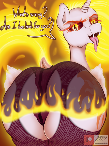 Size: 750x1000 | Tagged: questionable, artist:br333, derpibooru import, daybreaker, alicorn, pony, anatomically correct, anus, anus cameltoe, bedroom eyes, butt, cameltoe, clothes, corset, daybutt, dock, female, fire, horn, image, large butt, large ponut, looking at you, looking back, looking back at you, mare, nudity, open mouth, panties, patreon, png, ponut, simple background, skirt, tongue out, underwear, vulva, wings