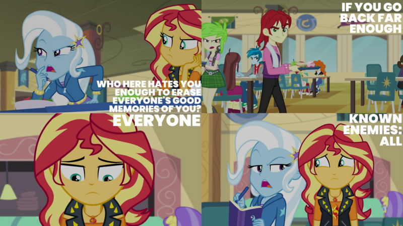 Size: 1280x720 | Tagged: safe, derpibooru import, edit, edited screencap, editor:quoterific, screencap, cherry crash, golden hazel, sunset shimmer, trixie, equestria girls, equestria girls series, forgotten friendship, book, cafeteria, clothes, cutie mark, cutie mark on clothes, female, geode of empathy, image, jacket, jewelry, leather, leather jacket, magical geodes, male, necklace, open mouth, png