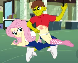 Size: 3117x2522 | Tagged: suggestive, artist:gmaplay, derpibooru import, fluttershy, oc, oc:clint, equestria girls, abuse, ass, butt, flutterbutt, image, png, spank mark, spanked, spanking