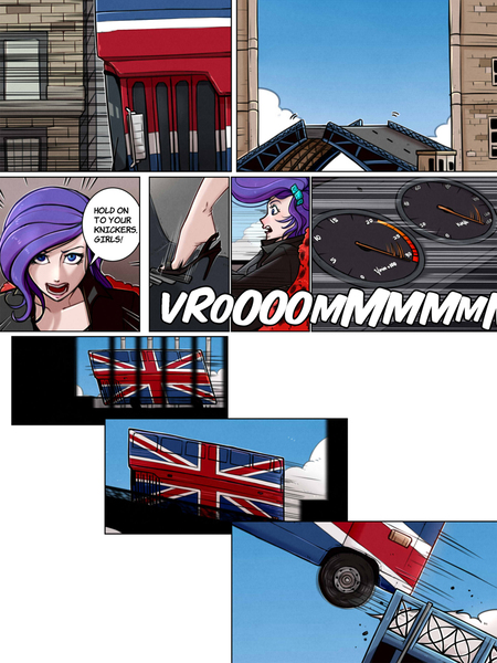 Size: 1800x2400 | Tagged: safe, artist:ilacavgbmjc, derpibooru import, rarity, human, equestria girls, bridge, bus, clothes, comic, comic page, crossover, driving, high heels, humanized, image, jpeg, jumping, pedal, road rage, seat, shoes, solo, speedometer, spice girls, spice world, steering wheel, stiletto heels