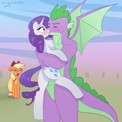 Size: 4000x4000 | Tagged: safe, artist:xjenn9, derpibooru import, applejack, rarity, spike, dragon, earth pony, pony, unicorn, blushing, crying, eyes closed, female, image, implied lesbian, implied rarijack, implied shipping, kissing, male, older, older spike, png, shipping, shipping denied, sparity, straight