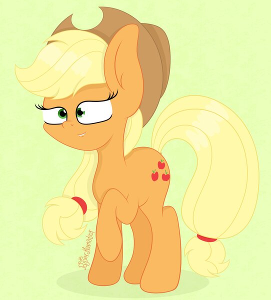 Size: 2736x3027 | Tagged: safe, artist:puperhamster, derpibooru import, applejack, earth pony, pony, applejack's hat, cowboy hat, female, hat, image, jpeg, raised hoof, simple background, solo