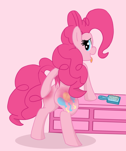 Size: 1960x2337 | Tagged: suggestive, artist:legendoflink, derpibooru import, pinkie pie, ahegao, balloonbutt, brush, butt, cute, diapinkes, dock, dresser, from behind, hairbrush, image, implied spanking, looking at you, looking back, on hind legs, open mouth, plot, png, simple background, spank mark, spanking, standing, standing up, tongue out