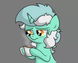 Size: 2307x1878 | Tagged: safe, artist:background basset, derpibooru import, lyra heartstrings, pony, unicorn, bust, coffee, coffee mug, gray background, image, mug, png, simple background, solo