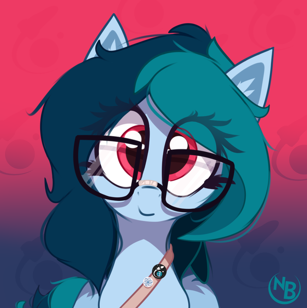 Size: 1061x1067 | Tagged: safe, artist:nevobaster, derpibooru import, oc, oc:delta vee, unofficial characters only, pony, abstract background, avatar, bandolier, bust, button, female, glasses, image, looking at you, mare, png, solo