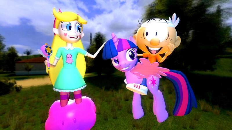Size: 1280x720 | Tagged: safe, artist:migueruchan, derpibooru import, twilight sparkle, alicorn, 3d, friendshipping, image, jpeg, lincoln loud, source filmmaker, star butterfly, star vs the forces of evil, the loud house, twilight sparkle (alicorn)