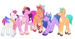 Size: 1200x631 | Tagged: safe, artist:cool_guy_senpai, edit, editor:anonymous, editor:edits of hate, hitch trailblazer, izzy moonbow, pipp petals, sunny starscout, zipp storm, earth pony, pegasus, pony, unicorn, bandana, blanket, bracelet, braid, button, circlet, clothes, coat markings, colored hooves, colored wings, crown, female, full body, g5, grin, group, happy, image, jewelry, male, mane g5, mare, one eye closed, png, regalia, scarf, simple background, smiling, socks (coat marking), stallion, unshorn fetlocks, white background, wings