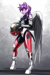 Size: 2000x3000 | Tagged: safe, artist:mykegreywolf, derpibooru import, manebooru import, oc, oc:starshine bomber, unofficial characters only, anthro, pegasus, pony, unguligrade anthro, g4, armor, boots, clothes, explicit source, female, helmet, high res, image, latex, latex suit, looking at you, mare, pegasus oc, png, science fiction, shoes, solo, wings