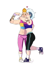 Size: 1700x2200 | Tagged: safe, artist:theartfox2468, derpibooru import, fleetfoot, spitfire, human, abs, alternate hairstyle, belly button, bisexual pride flag, blushing, clothes, converse, ear piercing, earring, eyebrow piercing, eyes closed, female, fleetfire, flexing, grin, heart, hug, humanized, image, jewelry, kissing, kiss on the cheek, lesbian, muscles, nose piercing, pansexual, pansexual pride flag, pants, piercing, png, pride, pride flag, pride month, shipping, shoes, simple background, smiling, socks, sports bra, sweatpants, tattoo, trans female, transgender, transgender pride flag, transparent background, wristband