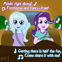 Size: 1000x1000 | Tagged: safe, artist:phallen1, derpibooru import, starlight glimmer, trixie, equestria girls, atg 2021, car, driving, image, jpeg, newbie artist training grounds, road trip, seatbelt, singing, the muppet movie