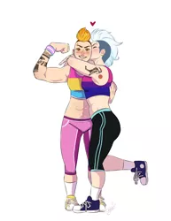 Size: 1700x2200 | Tagged: safe, alternate version, artist:theartfox2468, derpibooru import, fleetfoot, spitfire, human, abs, alternate hairstyle, belly button, bisexual pride flag, blushing, clothes, converse, ear piercing, earring, eyebrow piercing, eyes closed, female, fleetfire, flexing, grin, heart, hug, humanized, image, jewelry, kissing, kiss on the cheek, lesbian, muscles, nose piercing, pansexual, pansexual pride flag, pants, piercing, png, pride, pride flag, pride month, shipping, shoes, simple background, smiling, socks, sports bra, sweatpants, tattoo, trans female, transgender, transgender pride flag, white background, wristband