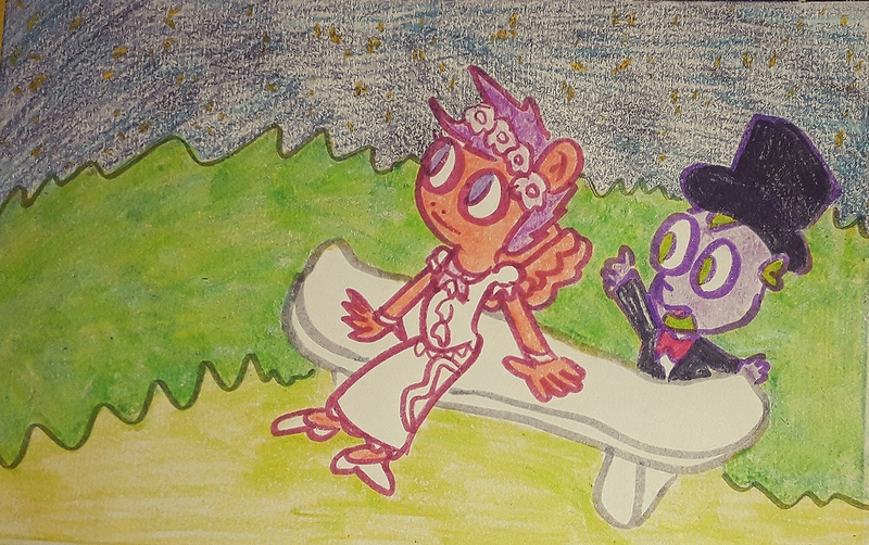 Size: 2022x1268 | Tagged: safe, artist:dex stewart, derpibooru import, scootaloo, spike, anthro, dragon, pegasus, pony, clothes, dress, image, jpeg, traditional art, tuxedo