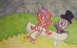 Size: 2022x1268 | Tagged: safe, artist:dex stewart, derpibooru import, scootaloo, spike, anthro, dragon, pegasus, pony, clothes, dress, image, jpeg, traditional art, tuxedo