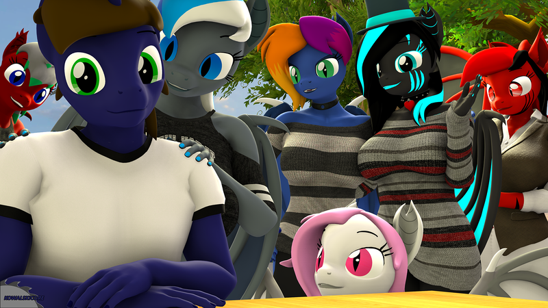 Size: 1920x1080 | Tagged: safe, artist:kowalskicore, derpibooru import, oc, oc:diamond azure, oc:galahad lazuli, oc:glitch, oc:layla horizon, oc:runic, oc:sasha gemini, oc:toxic breeze, unofficial characters only, anthro, bat pony, unicorn, 3d, image, outdoors, png, source filmmaker, tree