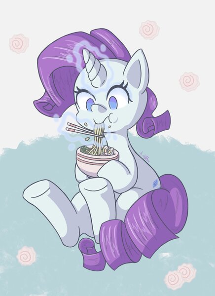 Size: 1489x2048 | Tagged: safe, artist:tonk0tsu, derpibooru import, rarity, pony, unicorn, abstract background, chopsticks, eating, female, food, hoof hold, image, jpeg, magic, messy eating, no pupils, noodles, ramen, solo, telekinesis, this will end in weight gain