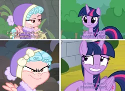 Size: 1148x840 | Tagged: safe, derpibooru import, edit, edited screencap, editor:fluttershyisnot adoormat, screencap, cozy glow, twilight sparkle, twilight sparkle (alicorn), alicorn, pegasus, pony, frenemies (episode), clothes, female, filly, foal, g4, image, jpeg, mare, meme, scared, smiling, smug, winter outfit